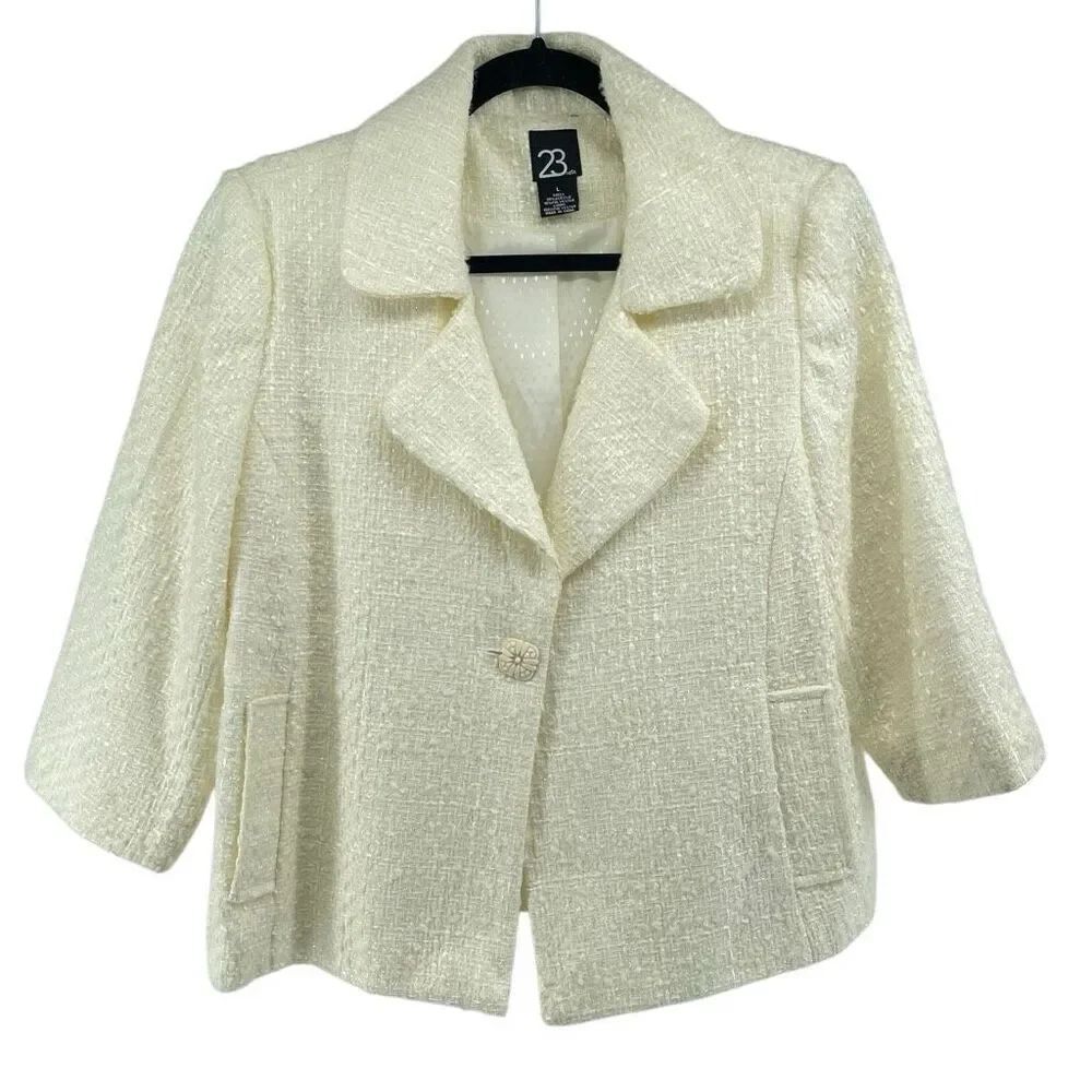 23rd St. Women’s Cream Tweed Cropped 3/4 Sleeve Blazer Jacket – Large